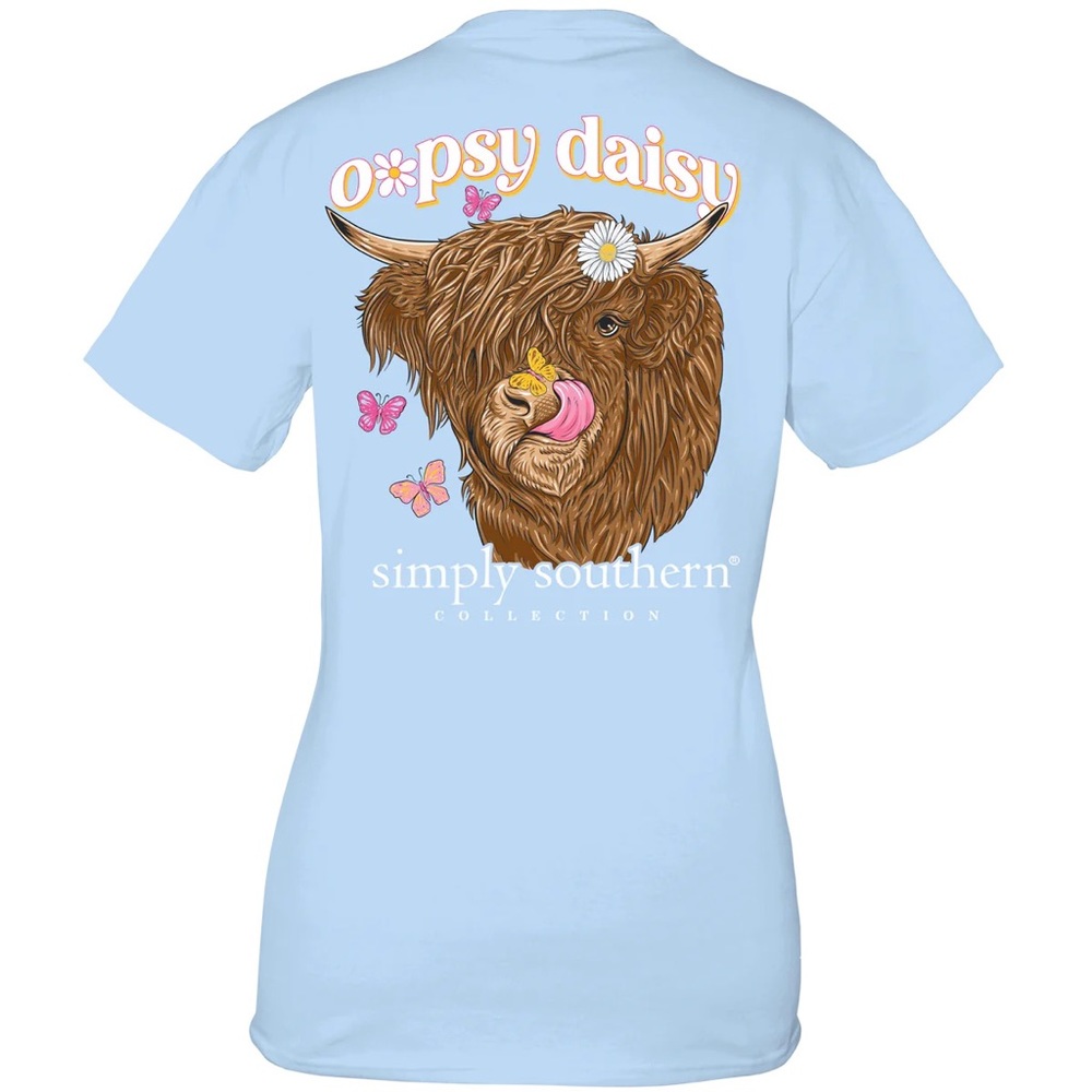 NWT Simply Southern blue cow print with phrase oopsy Daisy graphic t-shirt